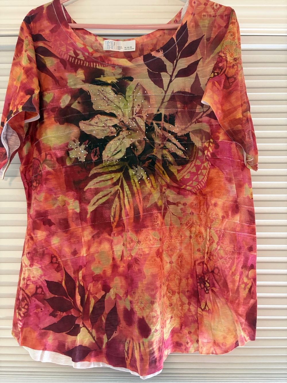 Time and Tru Women's Orange Pink Floral Leaf Print Short Sleeve Tunic